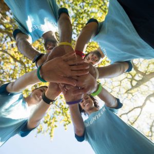 Low angle view of volunteers forming a hand stack in the park